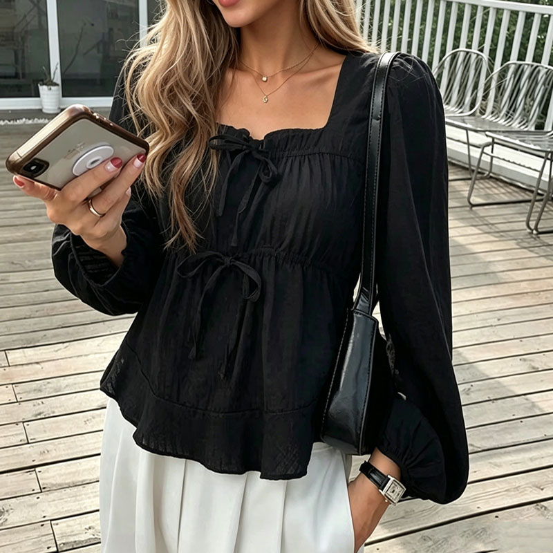Tie Front Shirt - Elegante Damenbluse mit Schleifenkragen und Schnürung,