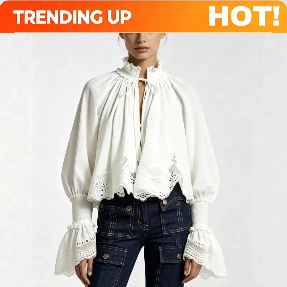 Tie Front Shirt - Maßanfertigung Damen Vintage Hohlspitzenbluse mit Rüschenkragen,