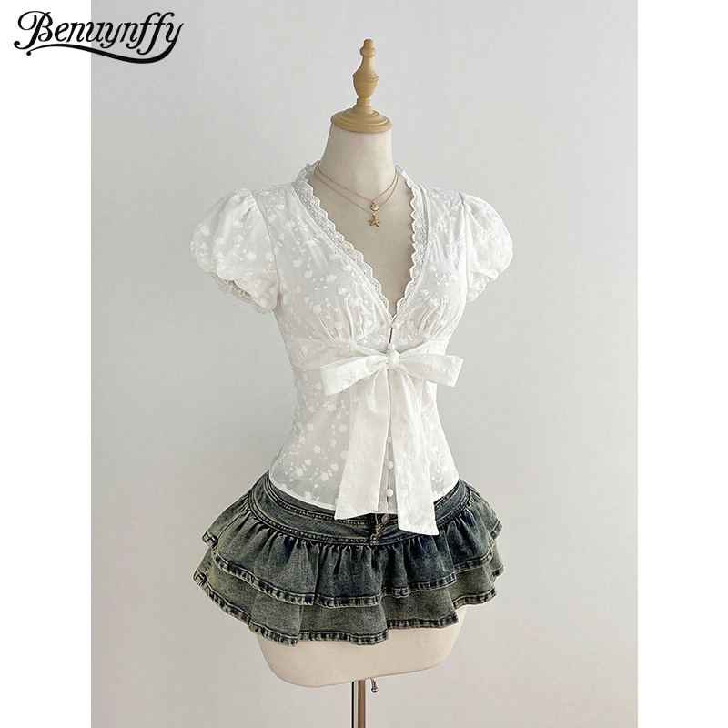 Tie Front Shirt - Benuynffy Weißes V-Ausschnitt-Oberteil mit Puffärmeln und
