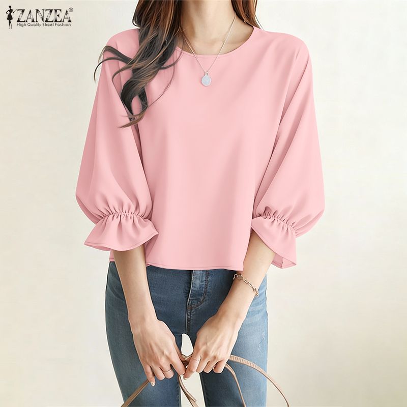 Summer De Clothing - ZANZEA Damen-Blusen mit minimalistischen 3/4-Puffärmeln, O-Ausschnitt,