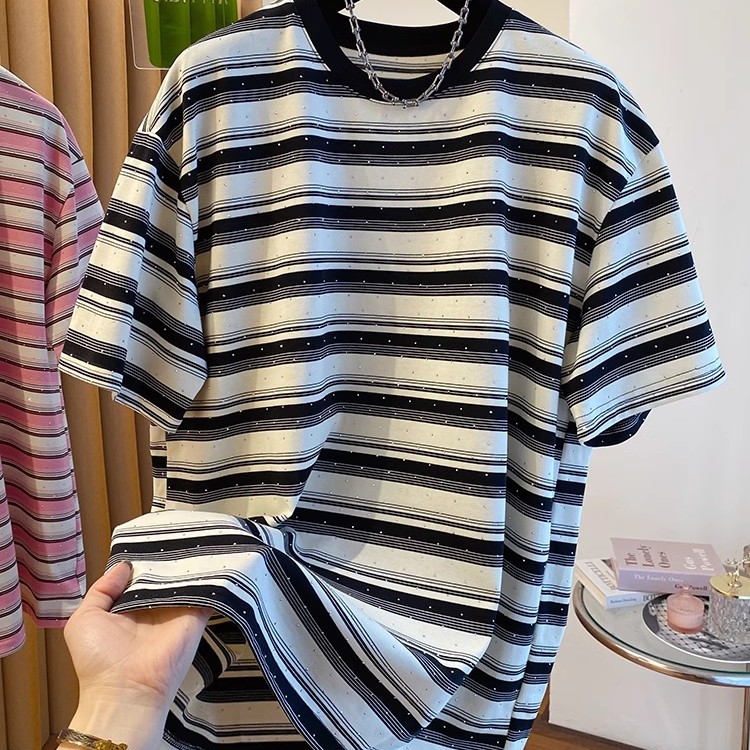 Summer Clothing Outlet - Unisex Reine Baumwolle Gestreiftes Kurzarm-T-Shirt Lässige
