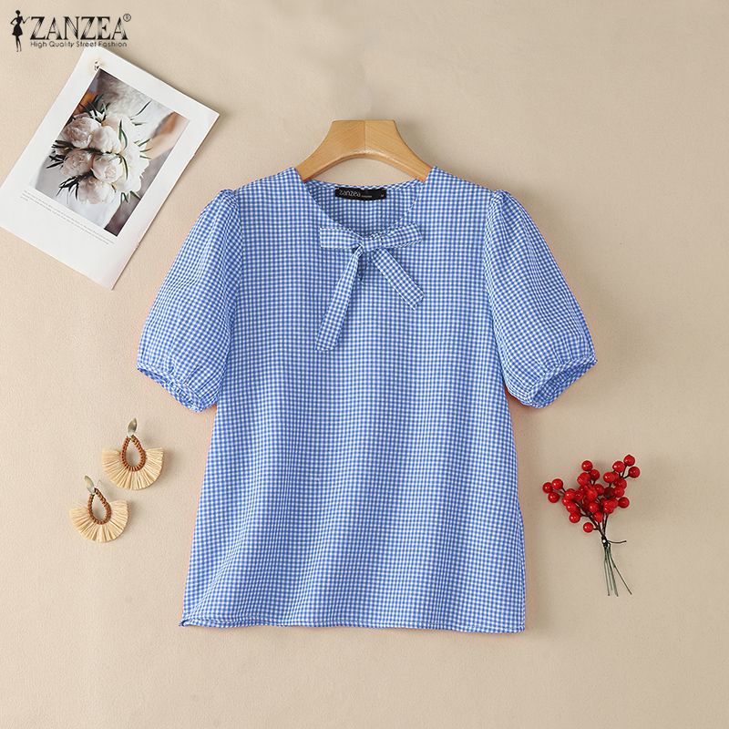 Summer De Clothing - ZANZEA Damen-Sommerblusen im Vintage-Stil mit Gingham-Muster,