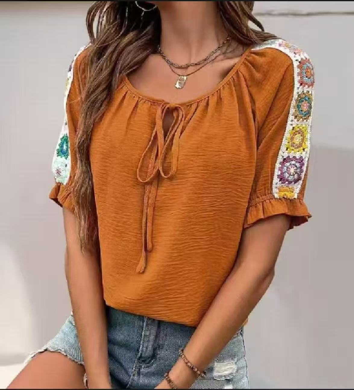 Tie Front Shirt - Boho Damenbluse mit Bindeband am Hals,