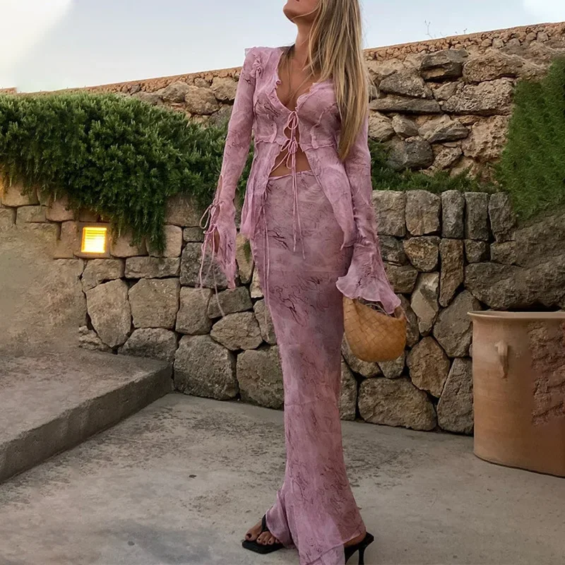 Tie Front Shirt - Y2K Fairy Grunge Strand-Outfits Grafik-Print 2-teiliges